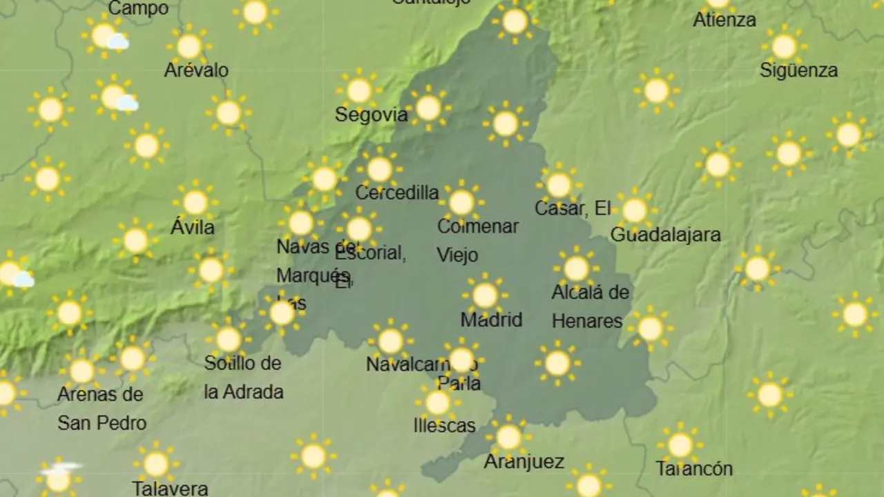 Mapa de la previsi&oacute;n meteorol&oacute;gica en la Comunidad de Madrid con cielos despejados. Fuente: AEMET.
