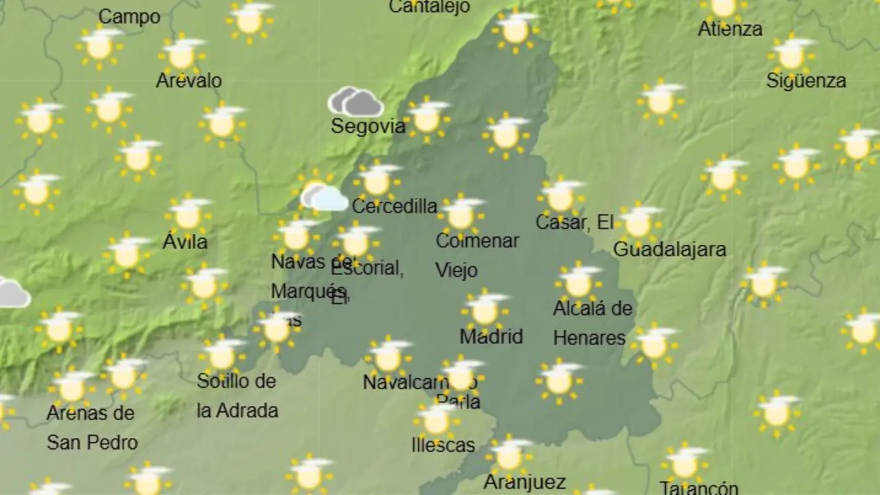 Mapa de la previsi&oacute;n meteorol&oacute;gica en la Comunidad de Madrid con cielos poco nublados. Fuente: AEMET.