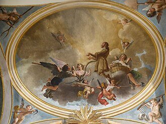 Pintura mural representando la apoteosis de San Isidro, firmada: "Zacharias Velázquez fecit. Año 1789".