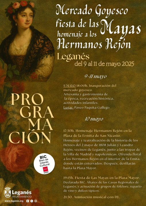 Cartel del mercado Goyesco, fiesta de las Mayas y homenaje a los hermanos Rejón en Leganés.