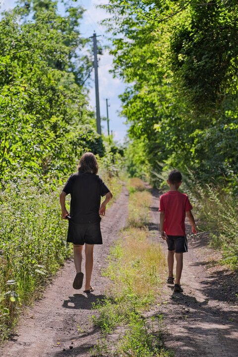 Niños caminando por la naturaleza. Imagen de archivo.