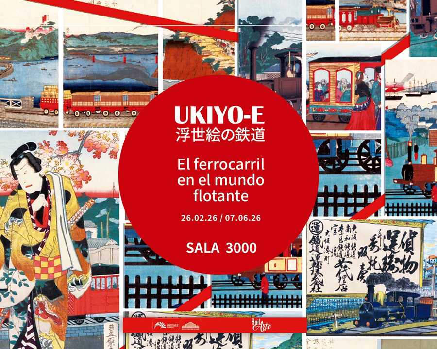 Cartel de la exposición 'Ukiyo-e. El ferrocarril en el mundo flotante'. Imagen de Museo del Ferrocarril.